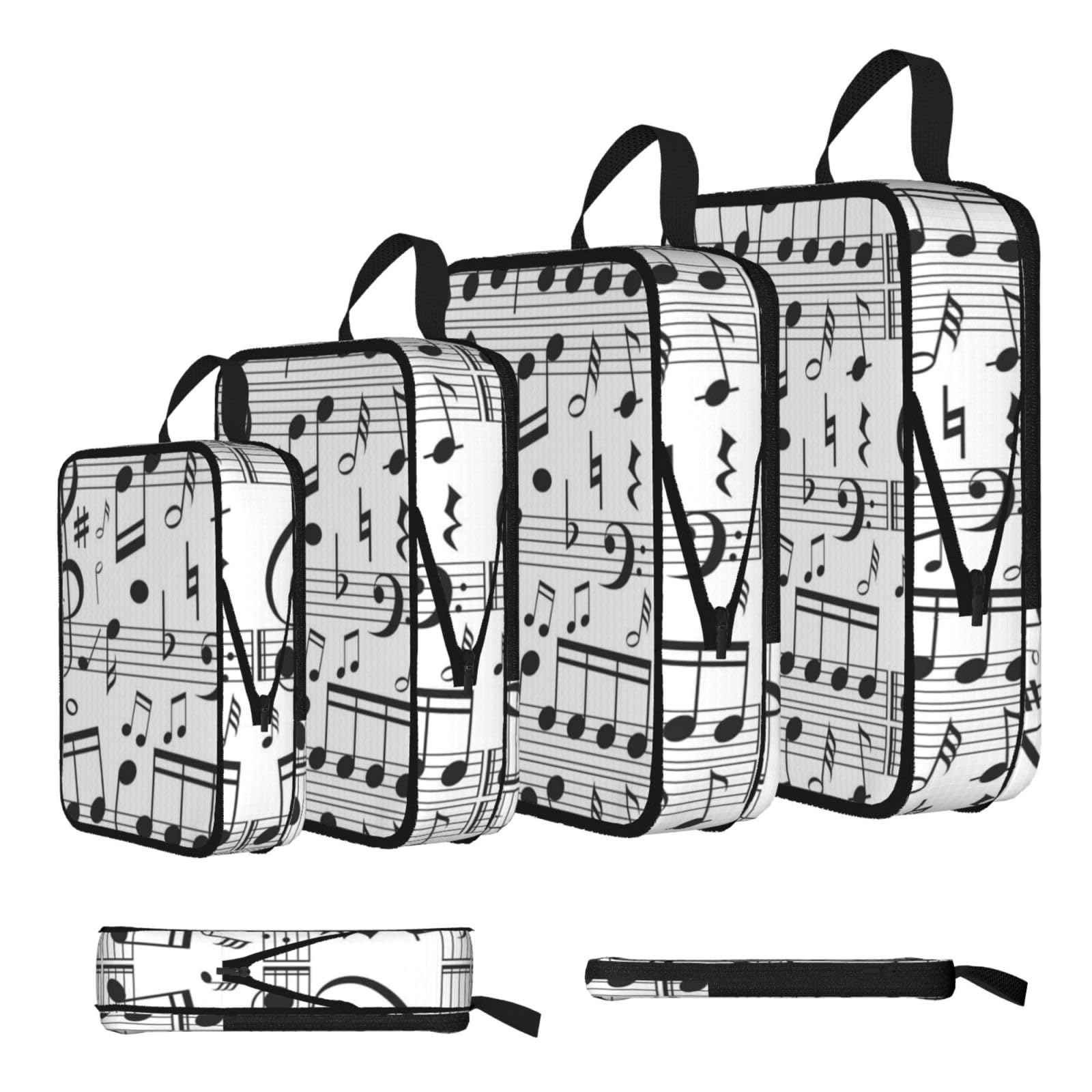 Esnaiuvcd Black Music Note Print 4 Set Compression Packing Cubes For Suitcases,Expandable Storage Bags Organizers