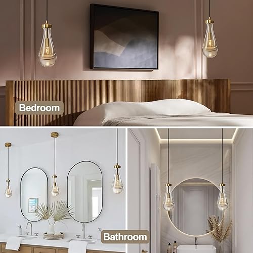 Miniatura 5 de Juego de dos lámparas colgantes de gota de lluvia, iluminación colgante de vidrio de latón, luces colgantes de lágrimas, isla de cocina, lámpara