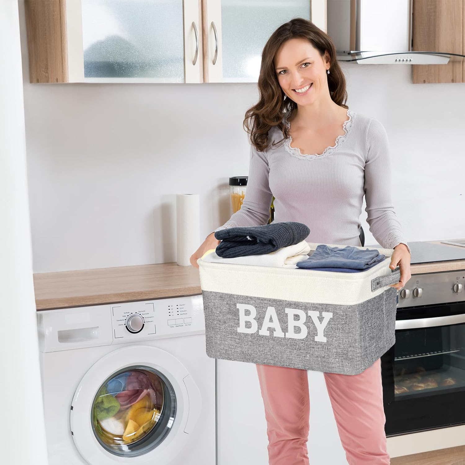 Large Gift Basket Empty 15.5 x 11.6 x 9.4, Baby Storage Basket Shower Gifts for for Newborn Baby Essentials, Diaper Caddy Organizer with Handles, Decorative Baskets for Home Decor Shelves (Style 2)