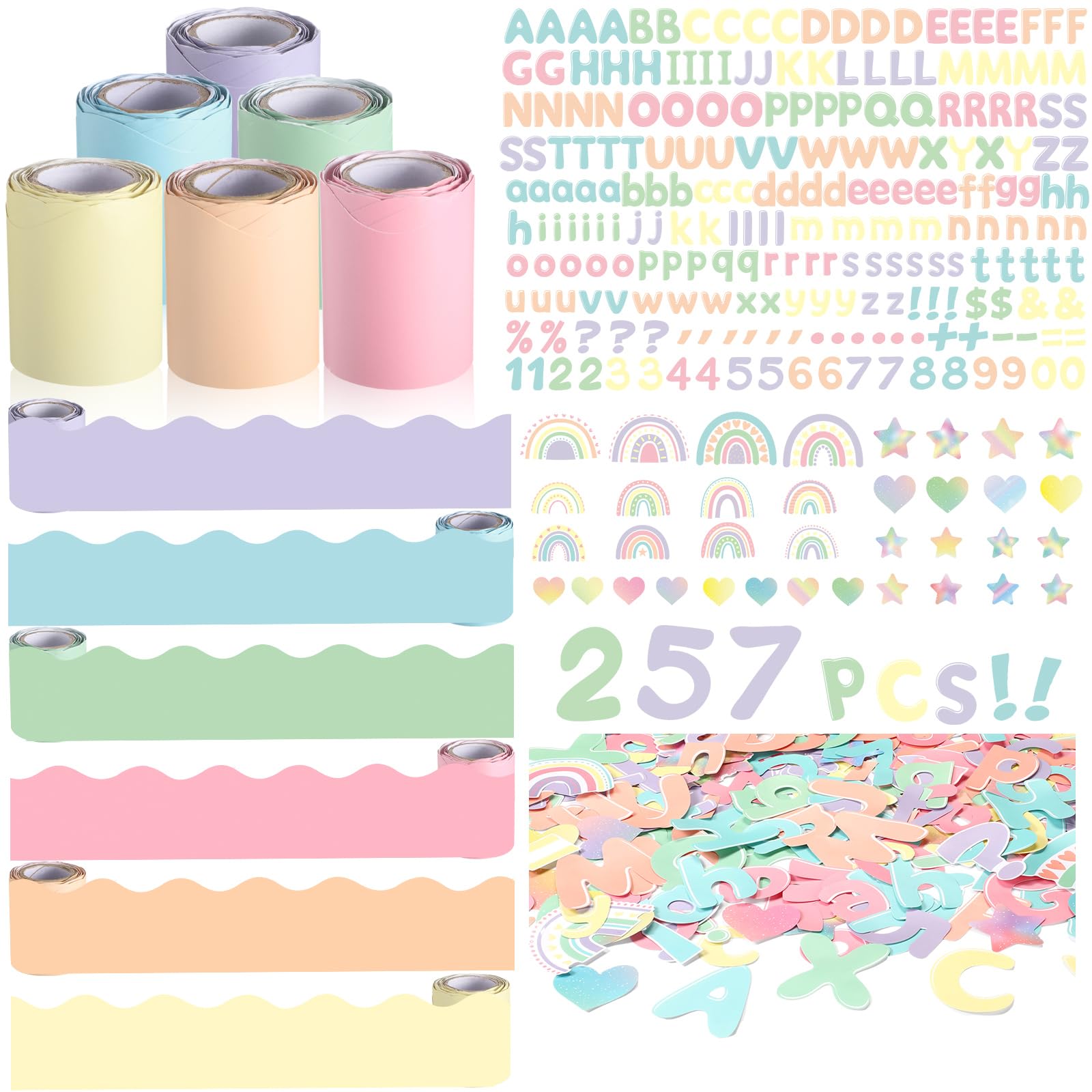 Kosiz Pastel Bulletin Board Decoration Set 118 ft Scalloped Bulletin Board Borders Classroom Poster Border Trim with 257 Pcs Letter Number Symbol