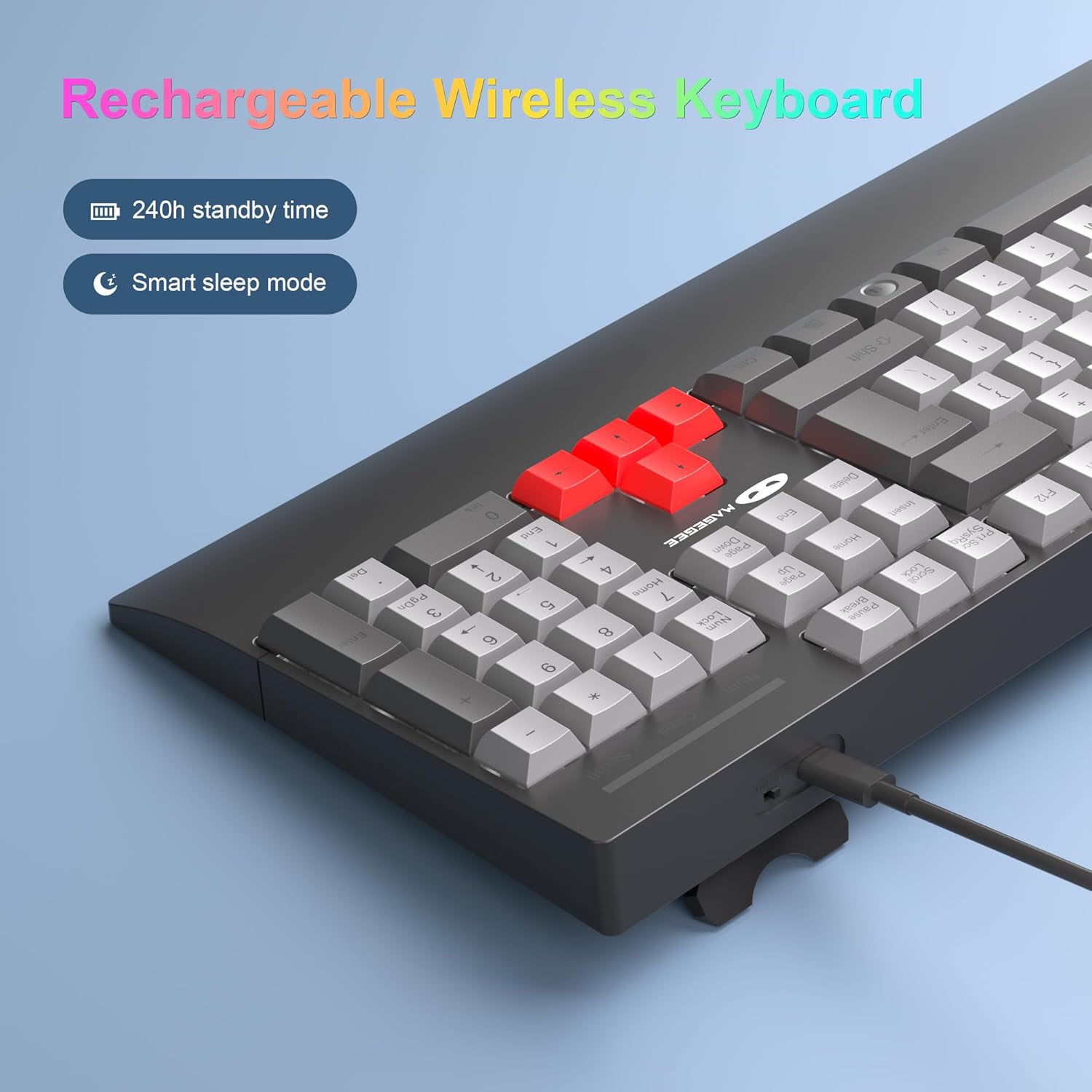 MageGee V500 keyboard showing charging port and wireless features