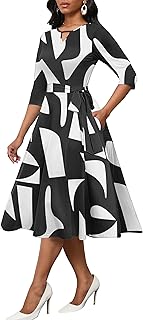 Midi Dresses for Women Casual A-Line Fit and Flare Dress Crewneck 3/4 Sleeve Keyhole Cocktail Party Church Dress - Buy now