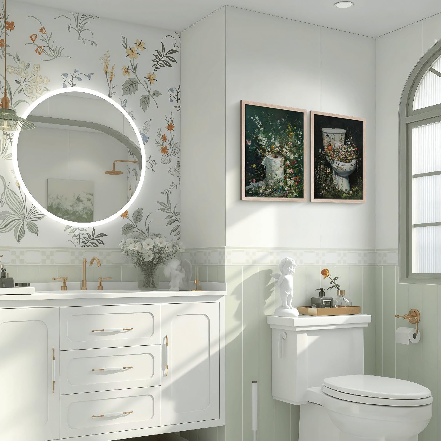 2Psc Framed Bathroom Wall Art Floral Canvas Prints, Fun Plant Theme Paintings, Gallery-Grade Artwork, Creative Posters for Bathroom, Living Room, Bedroom Decor, 16x24 Inches, Ready to Hang