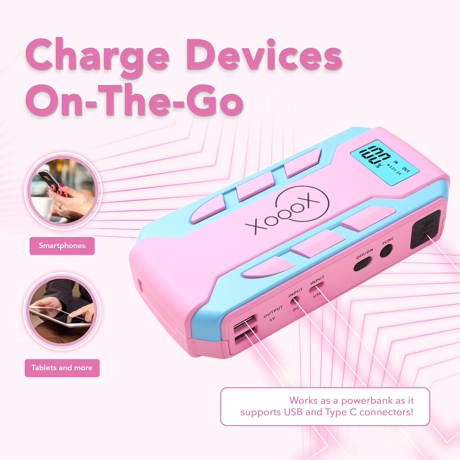 XoooX Pink Portable Car Battery Jump Starter Kit with Jumper Cables, LED Light and Case; 12V Jump Start Battery Pack; Portable Battery Charger for USB/USB-C Devices - Image 4