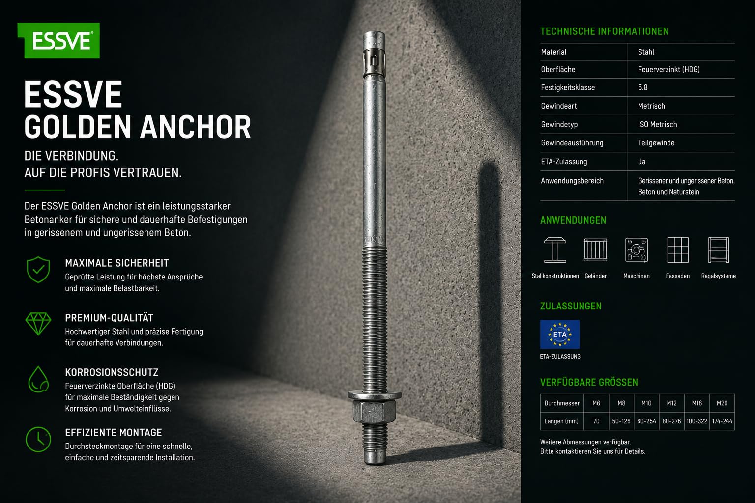 ESSVE Golden Anchor kotwa do dużych obciążeń, ocynkowana ogniowo, dopuszczona do użytku HDG ETA, kotwa rozprężna do betonu i kamienia naturalnego (20, M12 x 236)