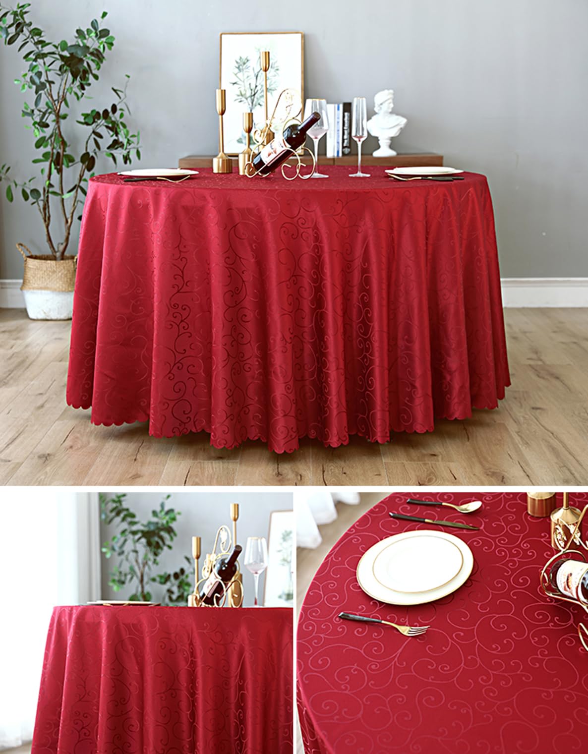 Mantel Jacquard Redondo Protege y Decora la Mesa Adecuado para el hogar, Hotel Restaurante, Banquete de Boda, reunión de Oficina Rojo Diámetro 260 cm