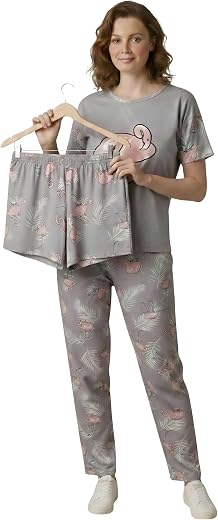 Yolim Fashion Women's Flamingo Printed Korean Night Suit Loungewear | Comfortable 3-Piece Sleepwear Set | Modern Korean Ni...
