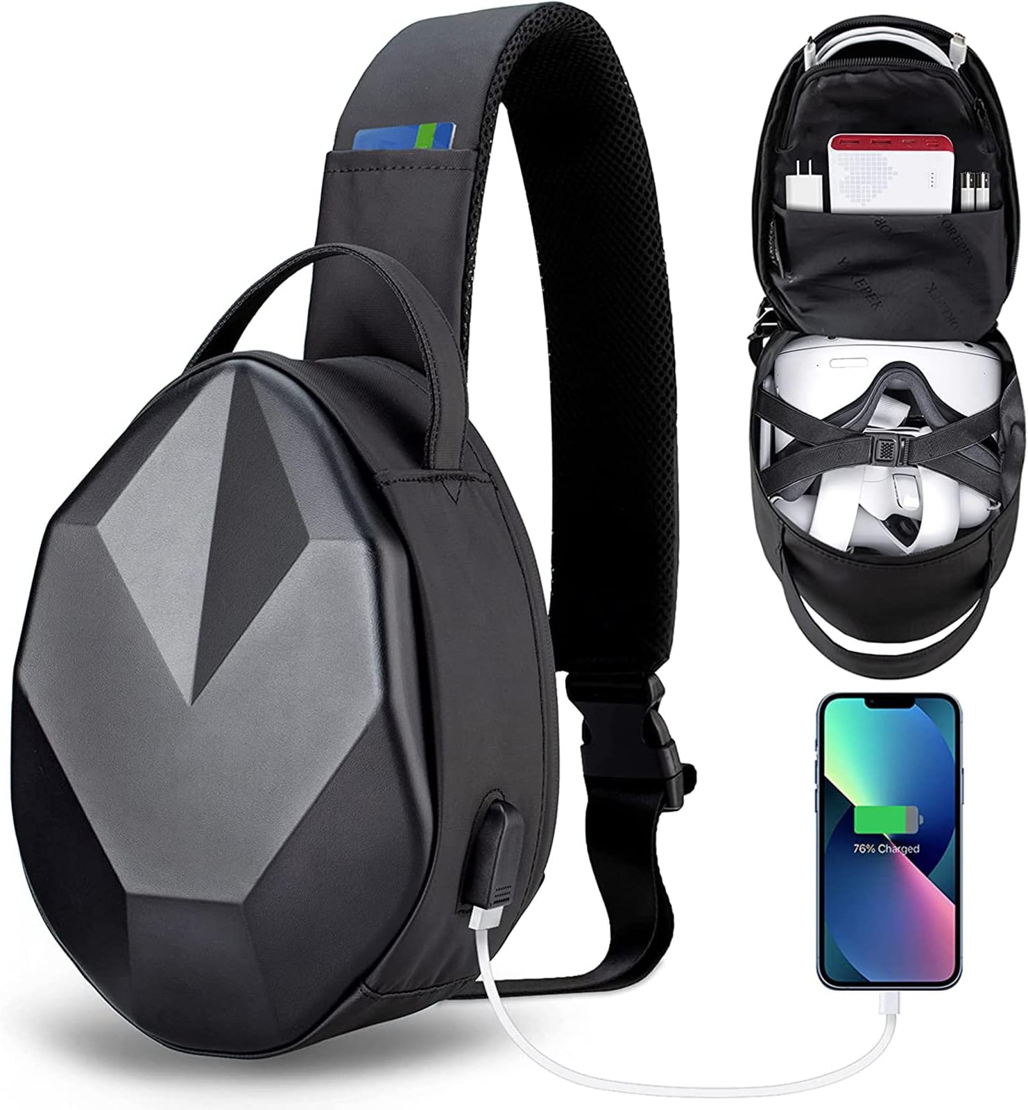 Carrying Case for Oculus Meta Quest 3, Quest 2, Vision Pro, Hard Crossbody Travel Bag for Meta Quest Pro Gaming Headset and Controllers, Lightweight VR Accessories with Portable USB Charging Port