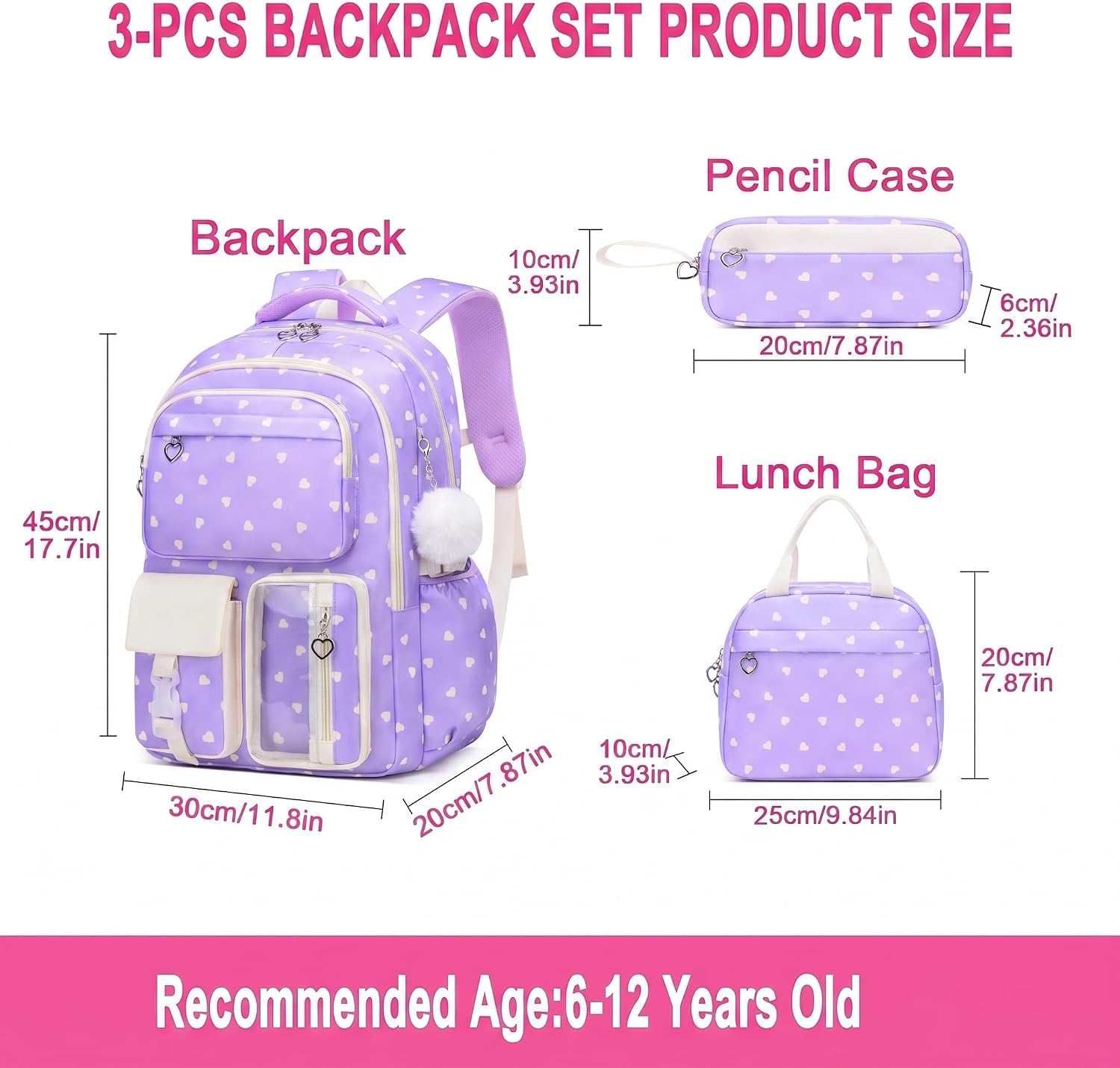 3PCS Kids Backpack Set, School Backpack with Lunch Bag & Pencil Case, Lightweight Waterproof Bookbag for Kids (Purple Heart)