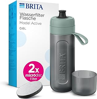 BRITA Sport Wasserfilter Flasche Model Active dunkelgrün (600ml) inkl. 2 MicroDisc Filter – zusammendrückbare BPA-freie Flasche für unterwegs, Trinkflasche filtert beim Trinken/spülmaschinengeeignet