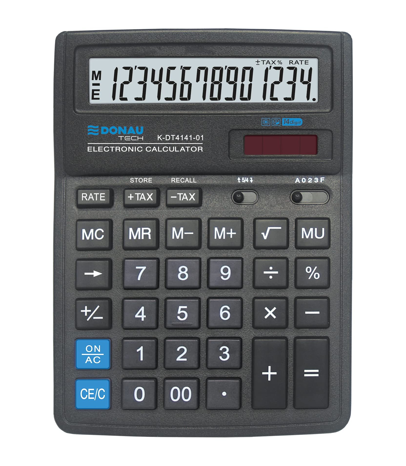 DONAU TECH/K-DT4141-01 Desktop Calculator 14-Digit Root Function 199 x 153 x 31 mm Colour: Black Calculator with 14-Digit Display Dual Power Solar Battery Operated Compact Design