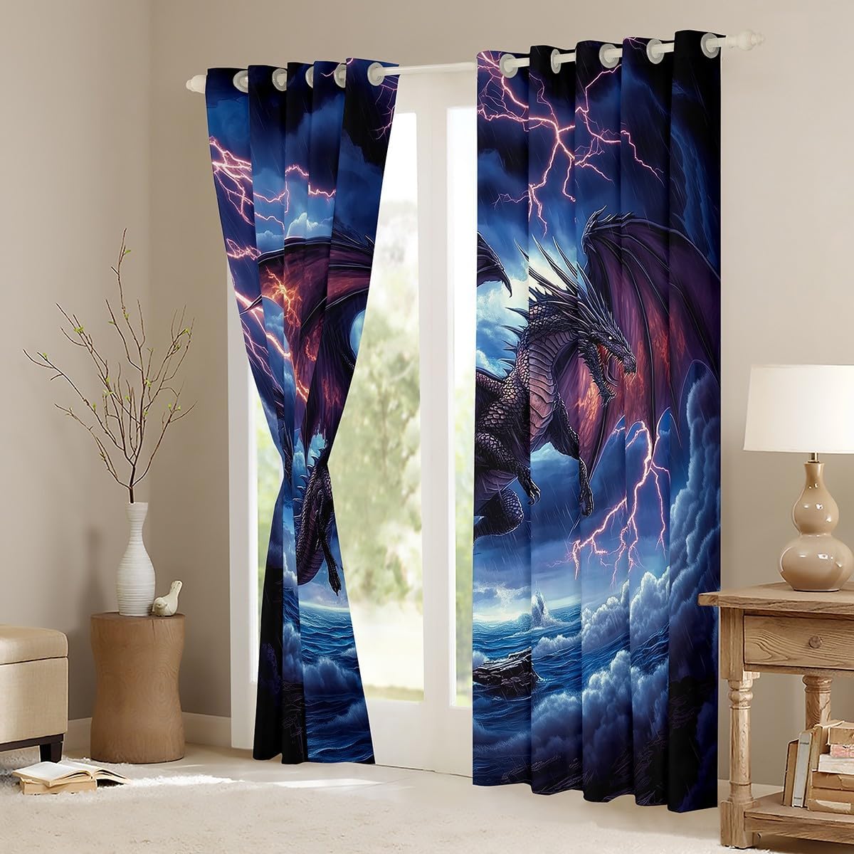 Western Dragon Kids Window Curtains,Lightning Dark Clouds Ocean Waves Window Drapes for Boys Men,Mystic Ancient Wild Animal Red Blue Window Treatments Grommet Top 2 Panel Set,38Wx45L inch