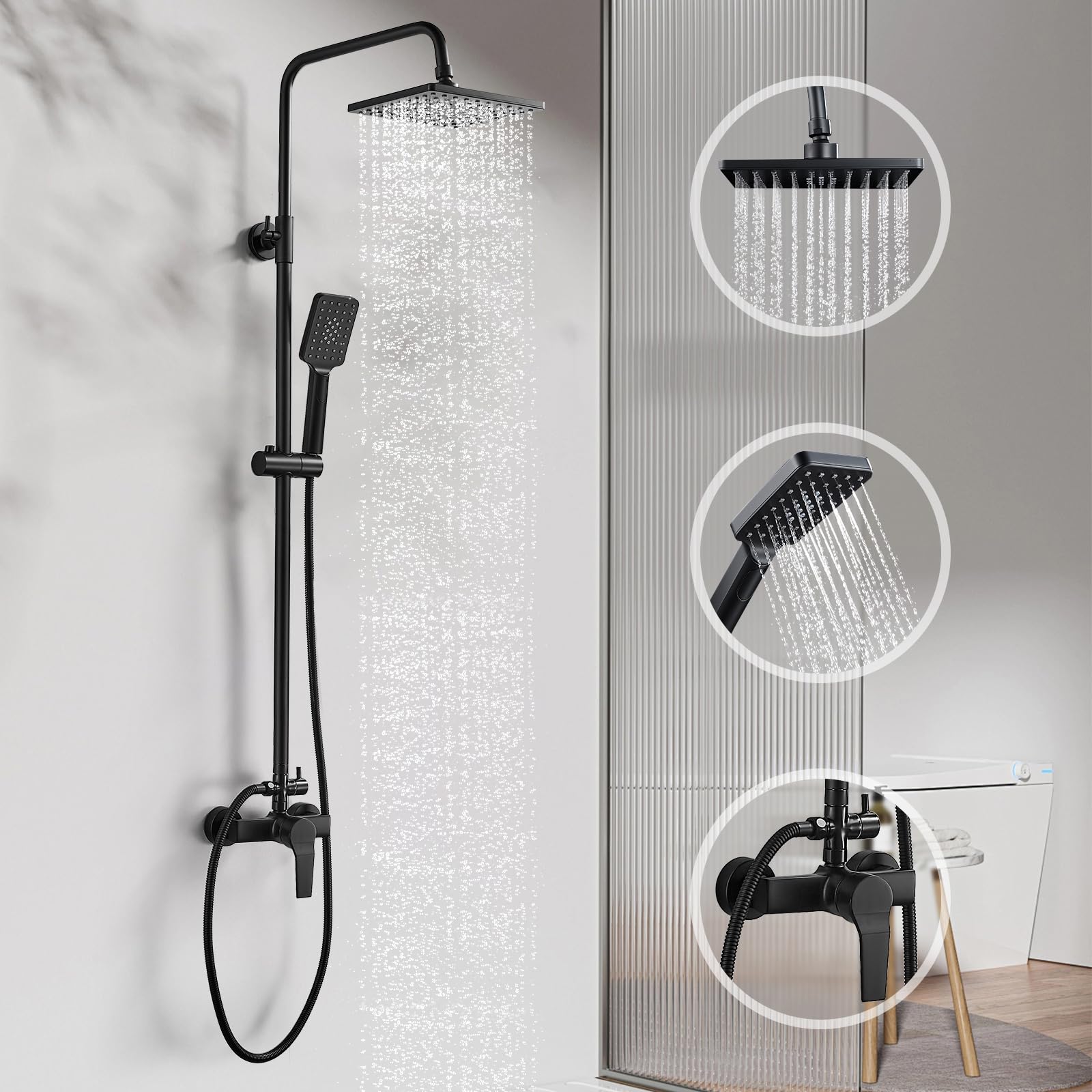 Columna Ducha con Grifo Negro, Altura Regulable 110-145cm, Conjunto Completo con Grifo Monomando, Sistema de Lluvia Cuadrada 21x21cm, Ducha de Mano de 3 Modos, Manguera 1.5 m