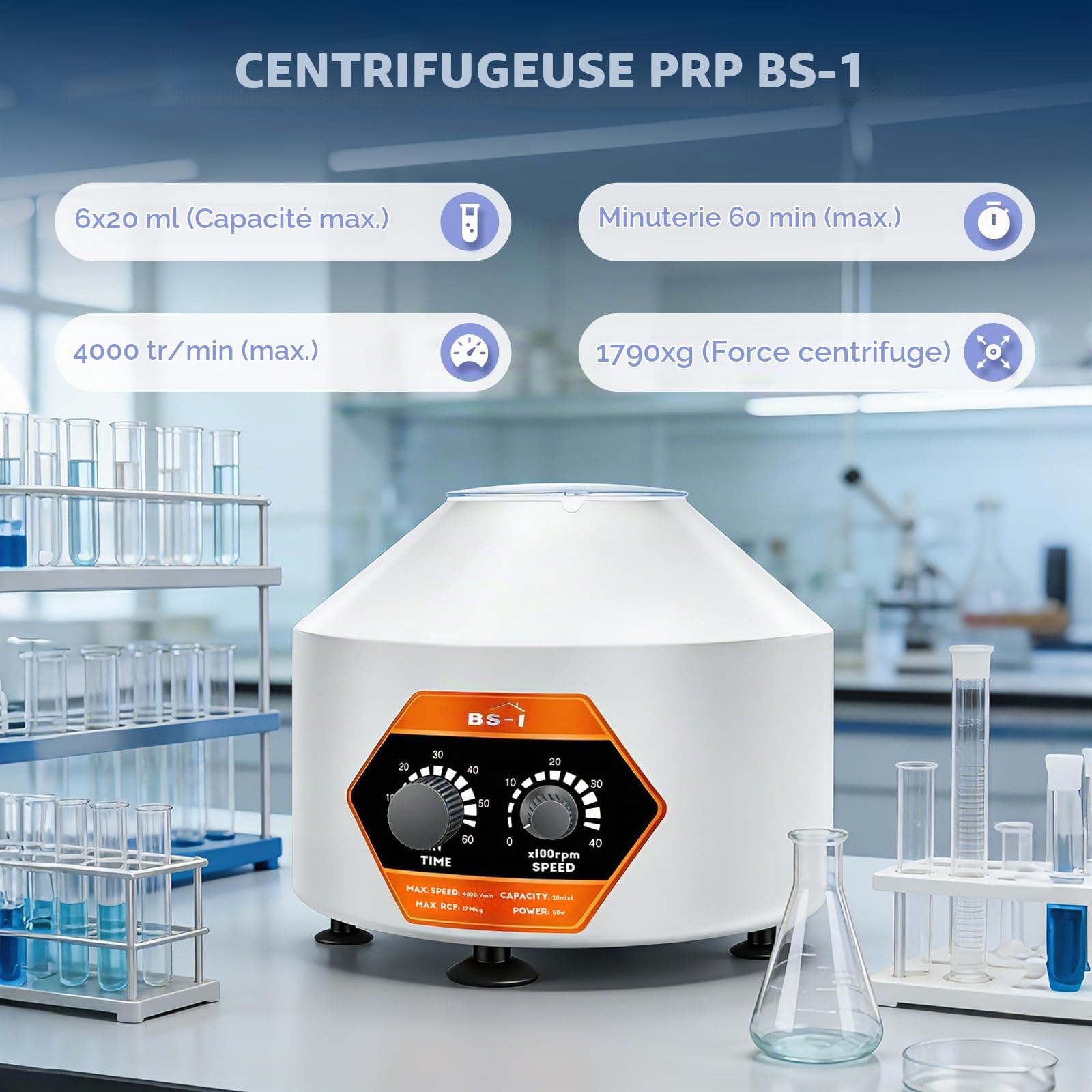 Bonvoisin Centrifugeuse de Laboratoire 6X20ml, 4000rpm, 60min, 1790xg Force Centrifuge, PRP PRF Utilisation pour 5/7/10ml Vacutainer & 10/15ml Tubes de Centrifugeuse (Original) | Minuterie de 60 min, Faibles Vibrations, pour Vacutainers de 5/7/10 ml et Tu
