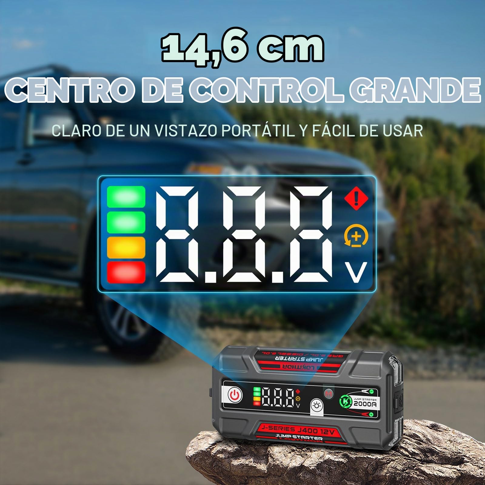 LOKITHOR J400 Arrancador Coche 2000A Portátil con Pantalla Digital | Pantalla Digital Inteligente y Protección Múltiple, para Motores de Gasolina 8,0L y Diésel 6,0L
