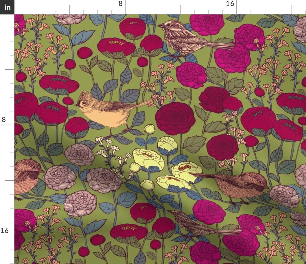 Spoonflower Fabric - Winter Garden Flowers Floral Roses Peonies Birds Nature Printed on Petal Signature Cotton Fabric by The Yard - Sewing Quilting Apparel Crafts Decor