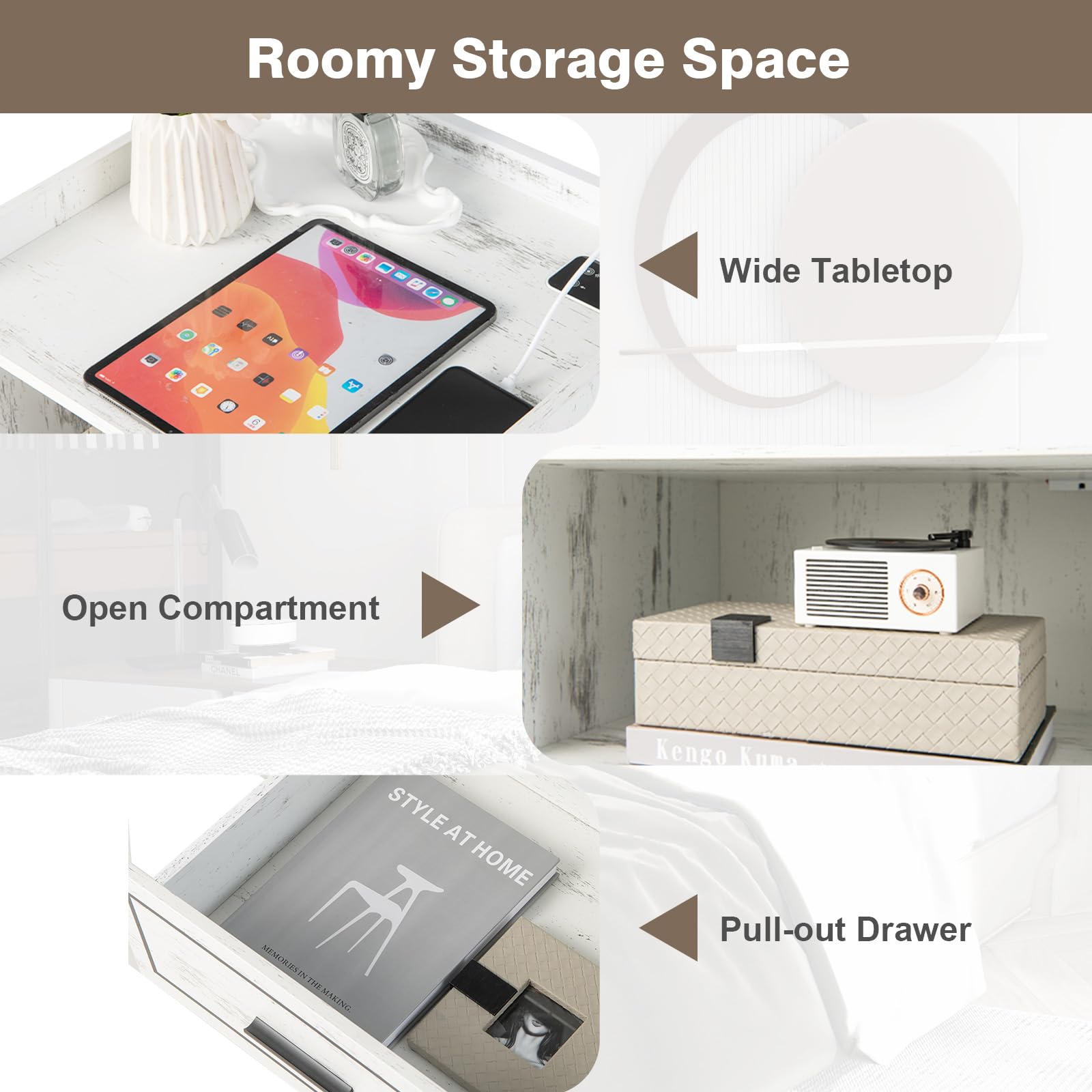 KOMFOTTEU Regulowany stolik nocny LED, ładowanie USB/Type-C, drewniana szuflada, Smart Tabel 45 x 40 x 50 cm (1, biały)