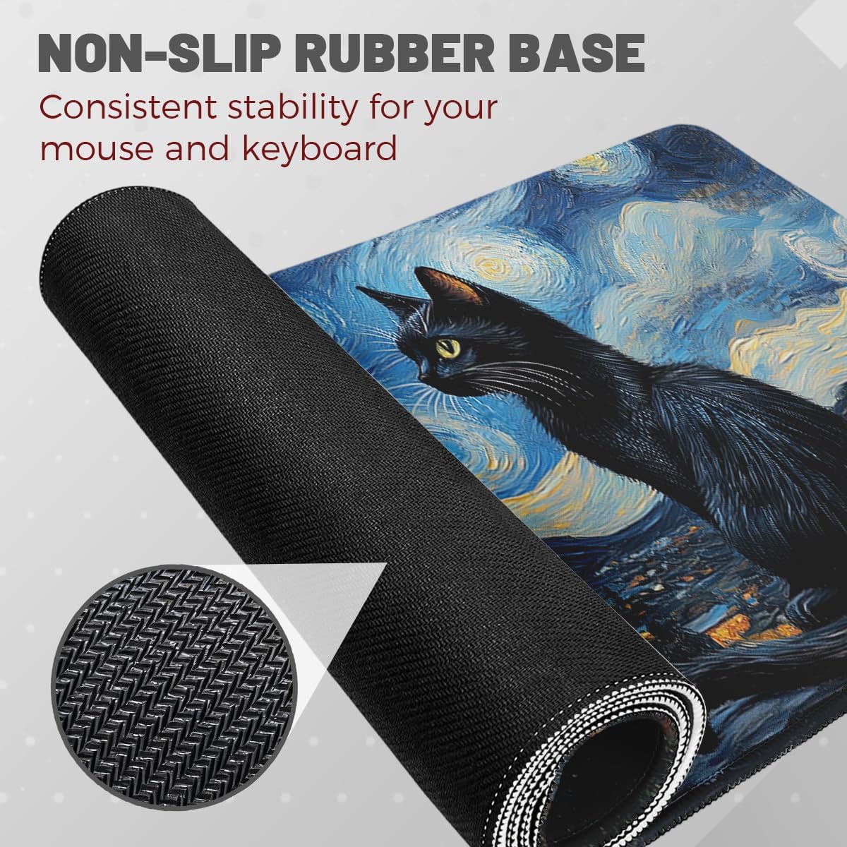 Black Cat Large Gaming Mouse Pad Moon Celestial Starry Night Art Desk Mat,Non-Slip Rubber Base Stitched Edges,Extended Mousepad for PC,Laptop,Office,Home Decor 31.5 x 11.8 Inch image 3