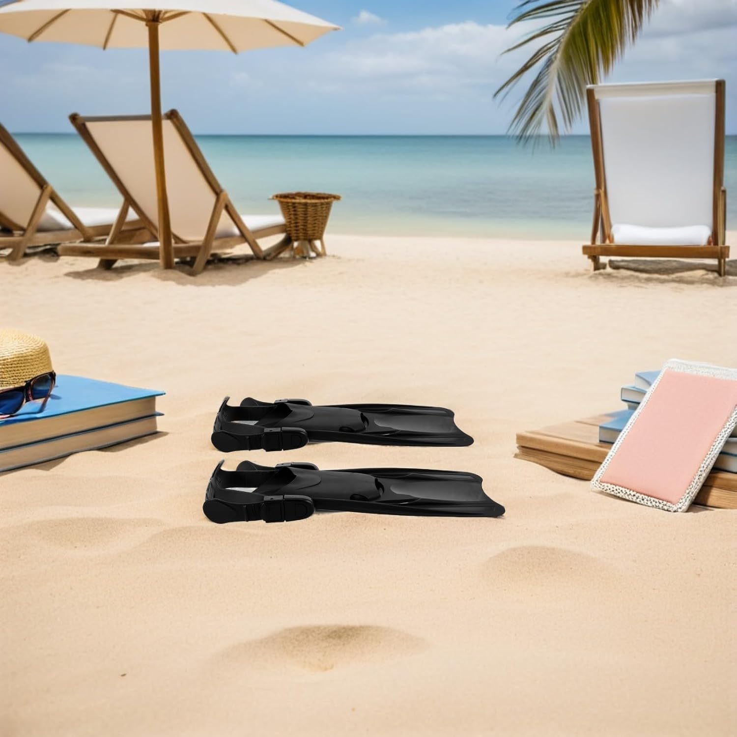 Swim Training Fins Black 1 Pair for Men and Women Adjustable Silicone and Plastic , Open Heel Design with Reinforced Foot Strap , Thick Flexible Blade for Pool and Scuba Diving
