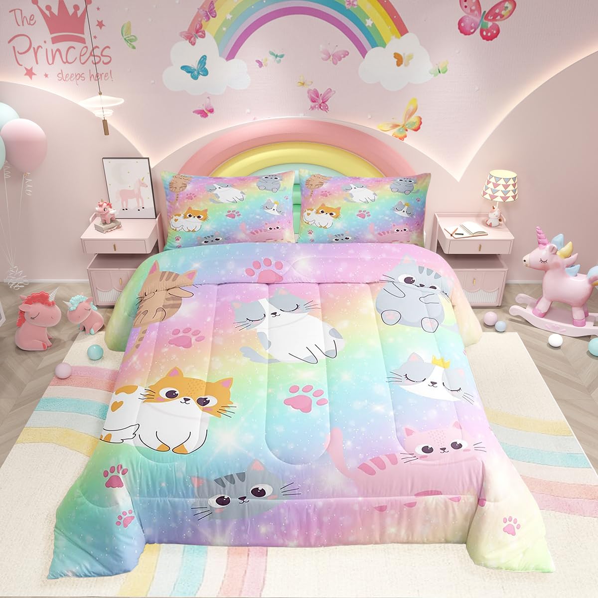 Erosebridal Rainbow Cat Full Bedding Sets for Girls,Kids Cute Cat Comforter Set Teen Pastel Gradient Glitter Stars Cat Bed Comforter Sets Cartoon Animal Kitten Paw Quilt 2 Pillow Cases Colorful