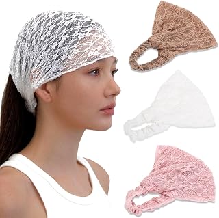 LONEEDY 3 Pack Soft Lace Wide Headbands for Women, 2 Way Bandana Hair Bands for Girls Daily Hair Accessories (White+Pink+Brown, One Size)