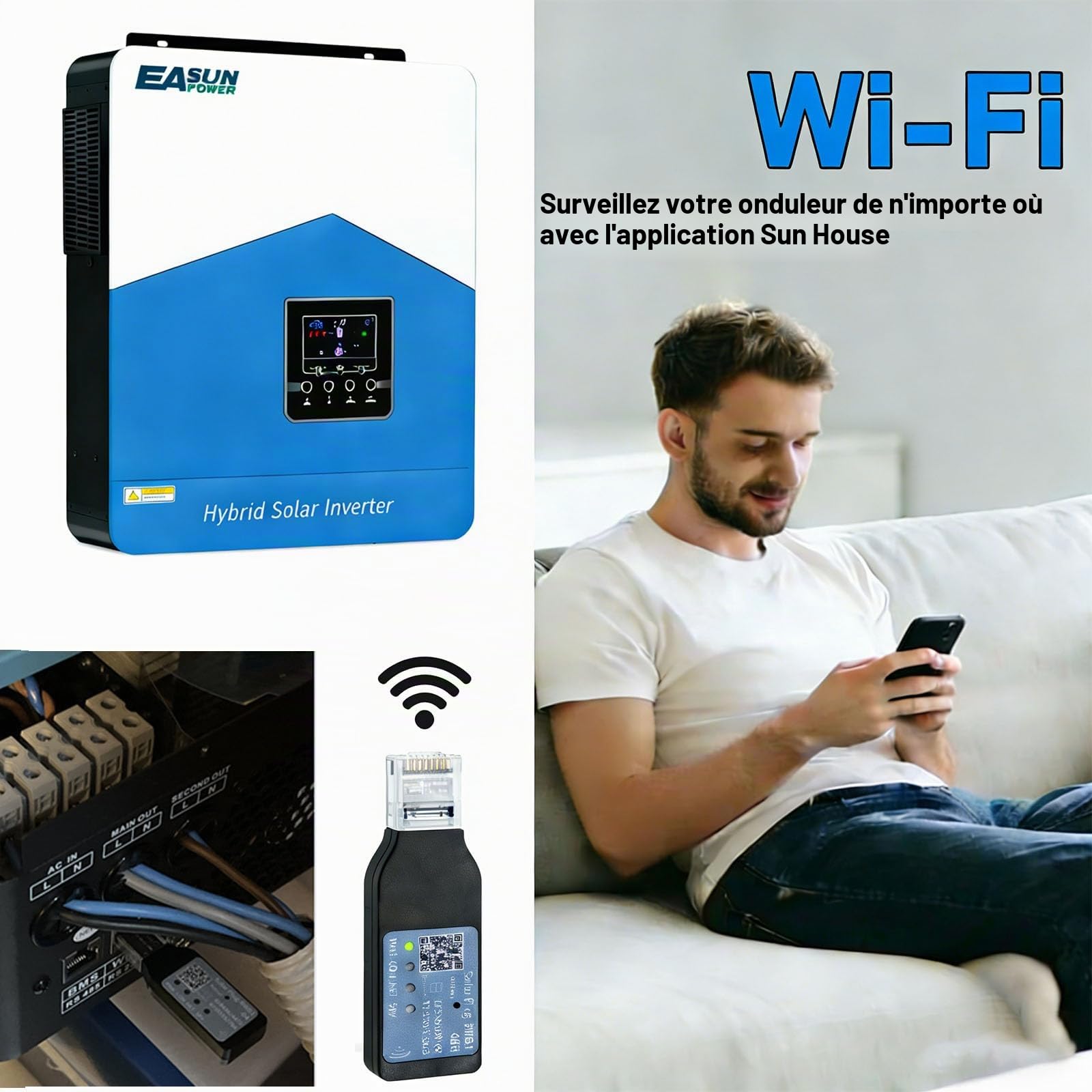 POWLAND Onduleur hybride 4200 W 24 Vdc AC 230 V WiFi 2 sorties CA Largeur PV 60-500 VDC Off Grid Pure sinusoïdale Onduleur solaire 120 A MPPT batteries plomb-acide