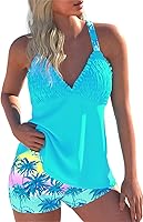 ROSEWE Women's Smocked Tankini Swim Dress with Board Shorts - Tummy Control V-Neck Two-Piece Bathing Suit