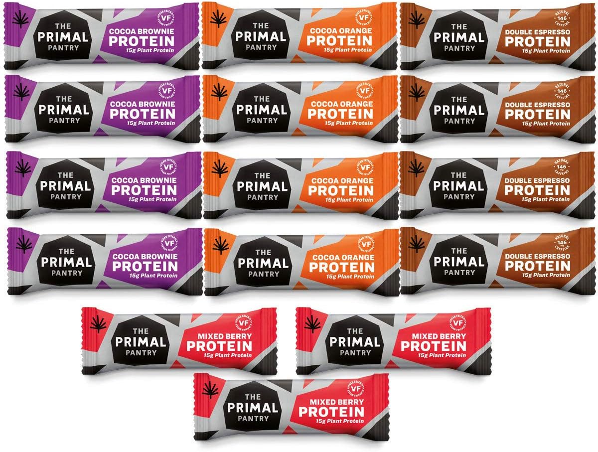 The Primal Pantry Protein Bars (Mixed Selection) - 15 x 55g - Dairy Free, Gluten Free, SOYA Free, Vegan Protein, Paleo, 15g of Plant Protein per bar, Hemp Protein- Qty 15