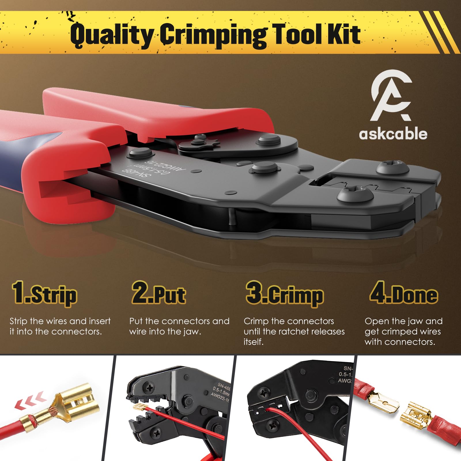 Kit de conector de herramienta de crimpado, herramienta de crimpado de alambre de trinquete para 300 piezas de conectores de terminal de pala macho hembra con funda aislante, herramienta de crimpado
