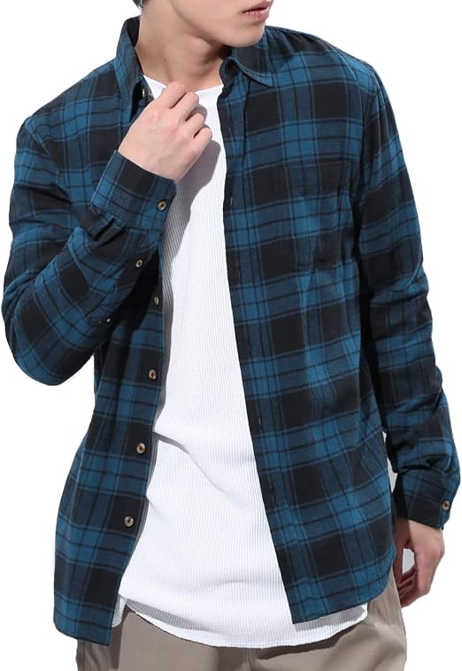 Amazon Jiggys Shop ジギーズショップ チェックシャツ メンズ 長袖 腰巻 サーフ系 ネルシャツ スリム シャツ 細身 春服 M ネイビー ネイビー シャツ 通販