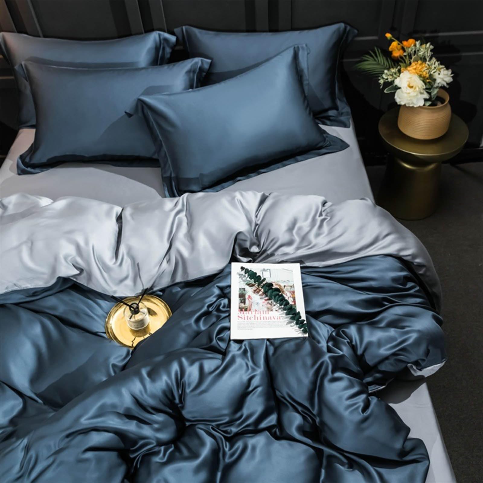 Four-Piece Bed, Simple Color Silk Sliding Day Silk, Four-Piece Solid Color is Used in Bed Bedding 1.8m Doublecolorblock-tenceldarkblue+tingray