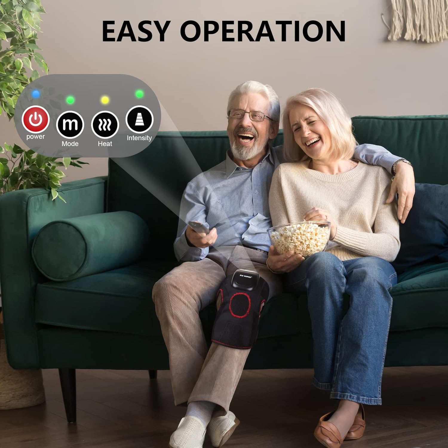 Elderly couple using FIT KING Knee Massager, showing the easy-to-use control panel with illuminated buttons.