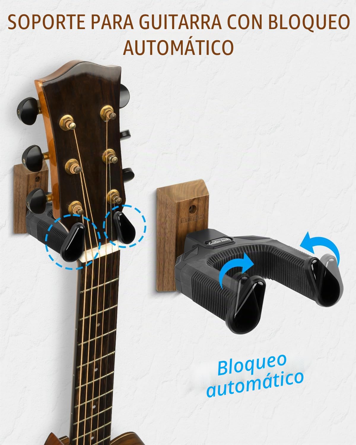 STRICH Soporte de pared para guitarra con base de nogal, soporte de pared para guitarra en forma de U con soporte de bloqueo automático para acústico, eléctrico, banjo y bajo (paquete de 2)