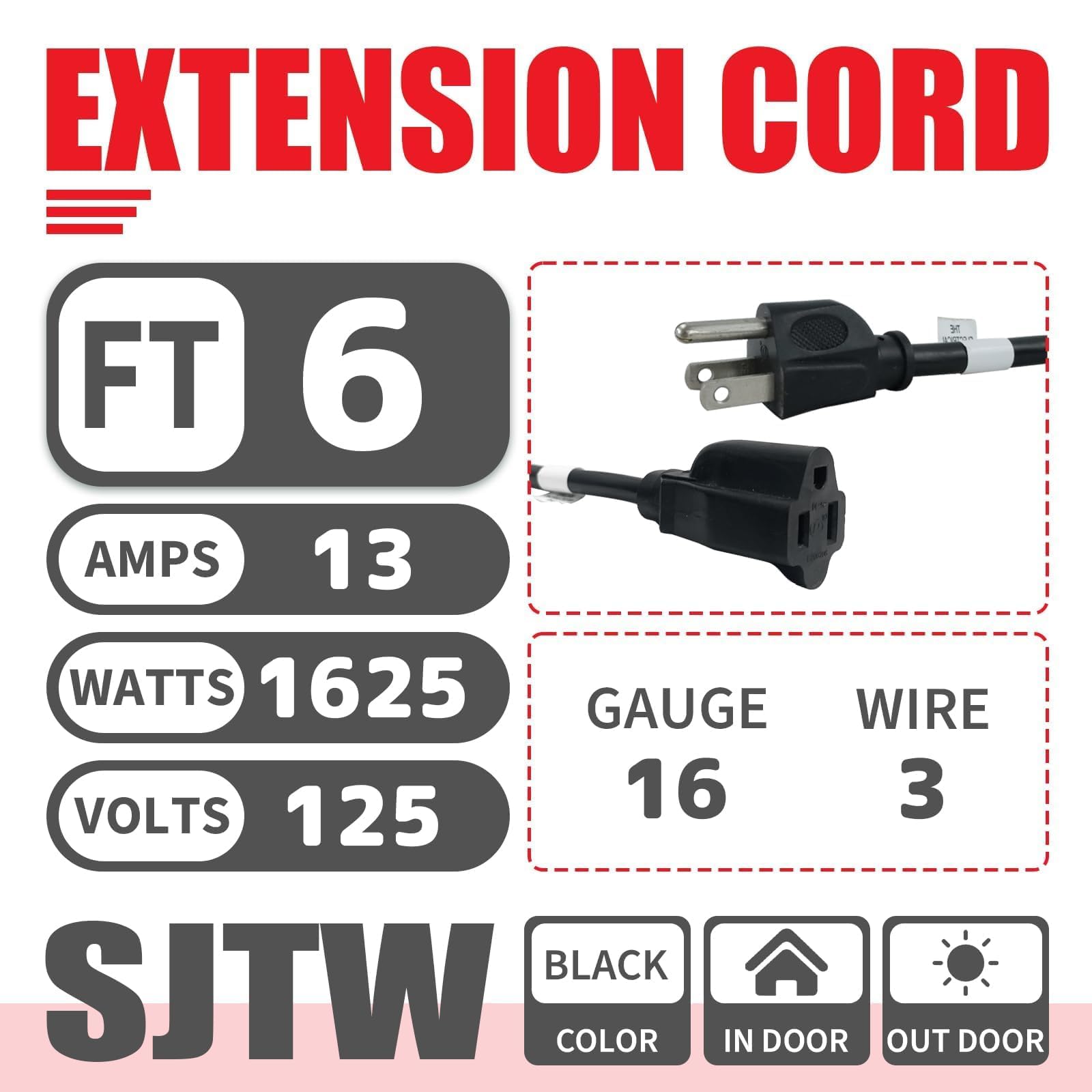EP 6 Ft Outdoor Extension Cord - 16/3 SJTW Durable Black Electrical Cable with 3 Prong Grounded Plug