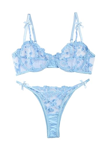 Lilosy Sexy Underwire Cute Push Up Strappy Embroidered Mesh Sheer Lingerie Set See Through Panty Bra - Bows - X-Large - Bow Light Blue