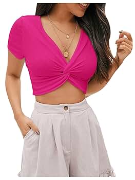 Floerns Women's Casual Short Sleeeve V Neck Twist Front