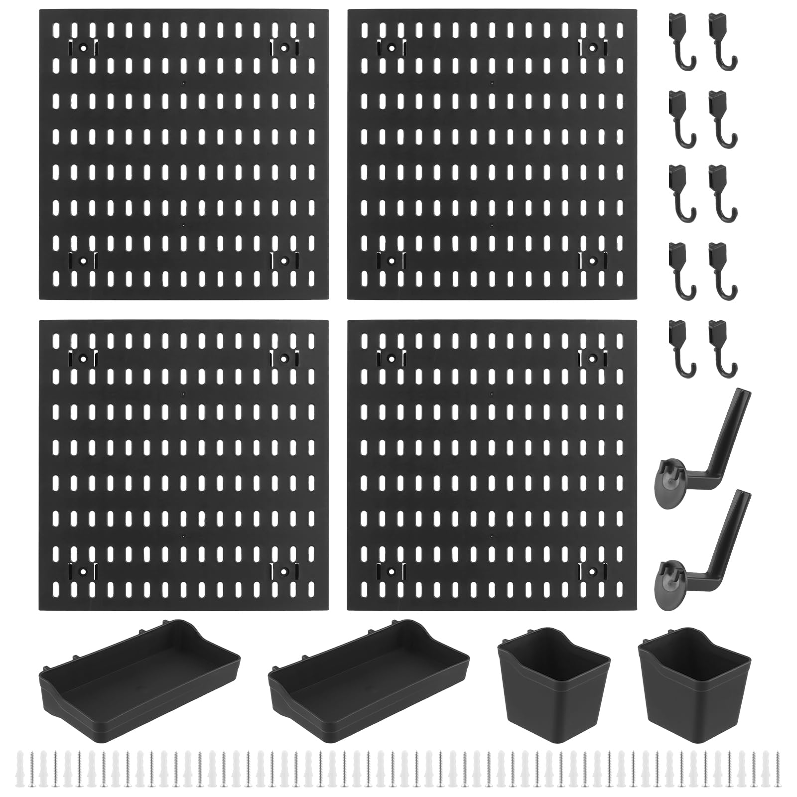 MOUYAT Lot de 4 panneaux perforés pour murs, 4 panneaux noirs de 30 x 30 cm et 18 accessoires