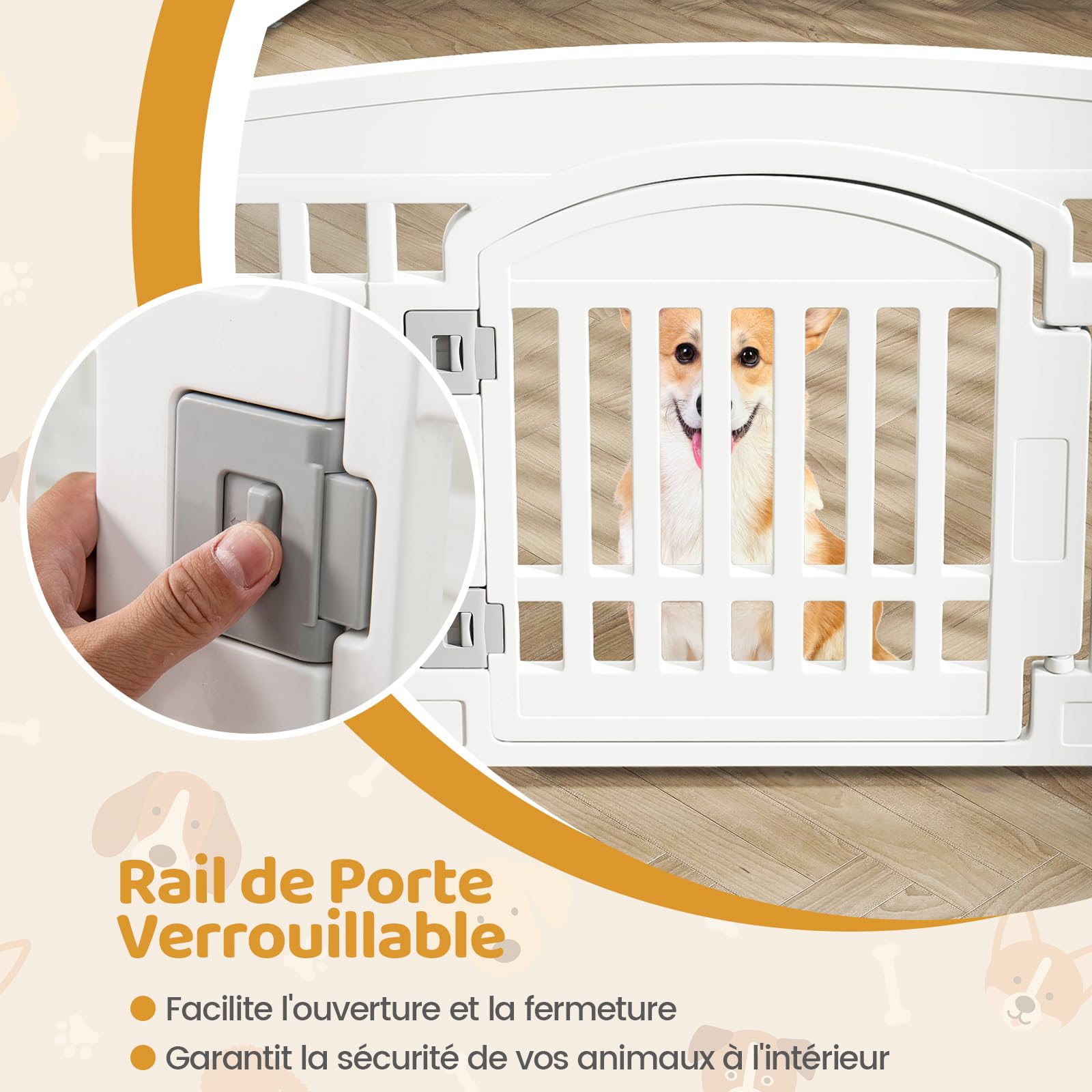 COSTWAY Parc pour Chien Exterieur Interieur à 6 Panneaux en HDPE, Barriere de Securite Chien Pliable, pour Taille Moyens & Petits, Porte Verrouillage, Ventouses & Piquets De Sol, Niche pour Chiot