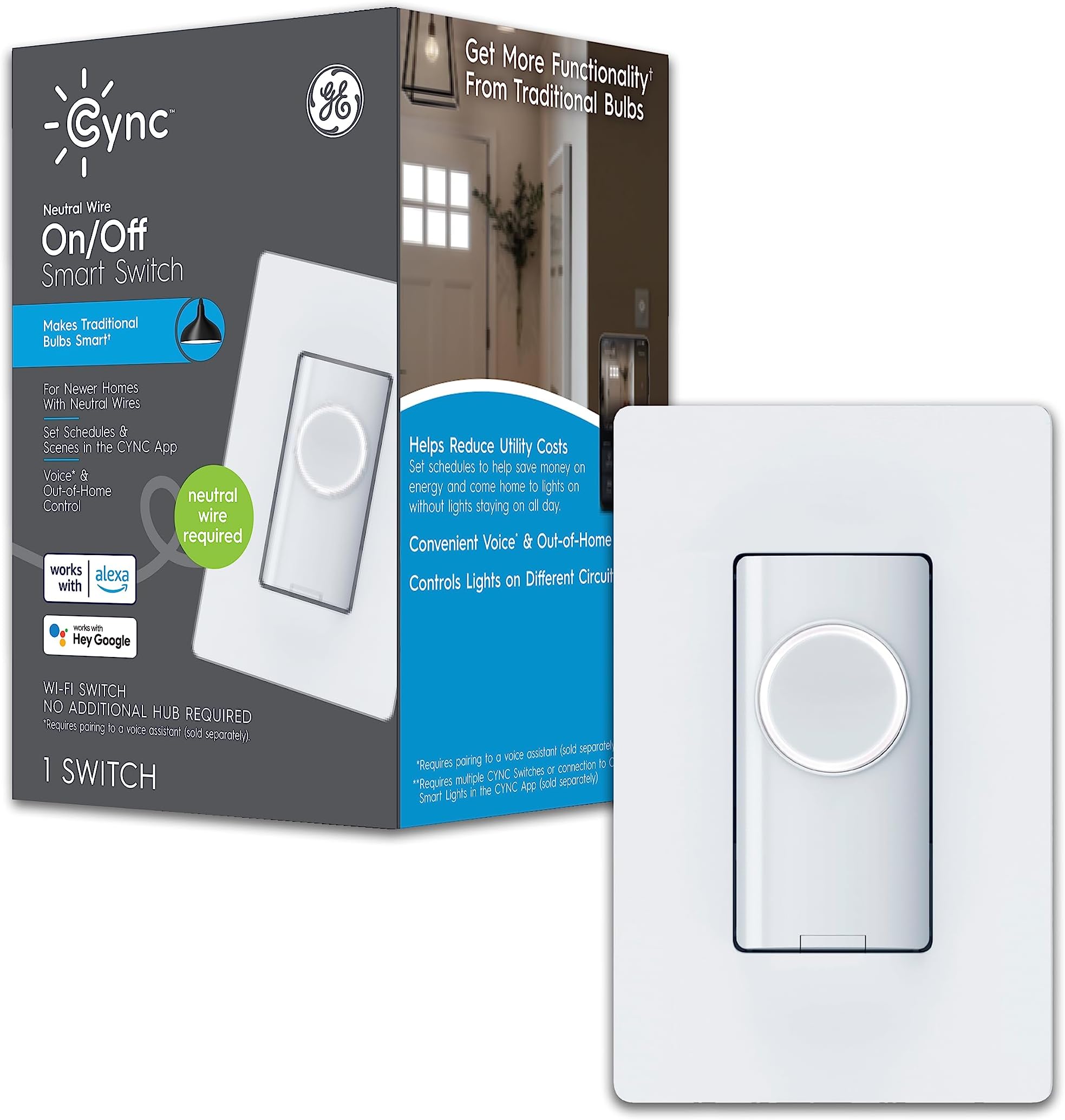 C by GE 4-Wire On/Off Button Style Smart Switch with Bluetooth and Wi-Fi, Neutral Wire Required, Alexa and Google Home Compatible Without Hub, 1-Pack (Packaging May Vary)