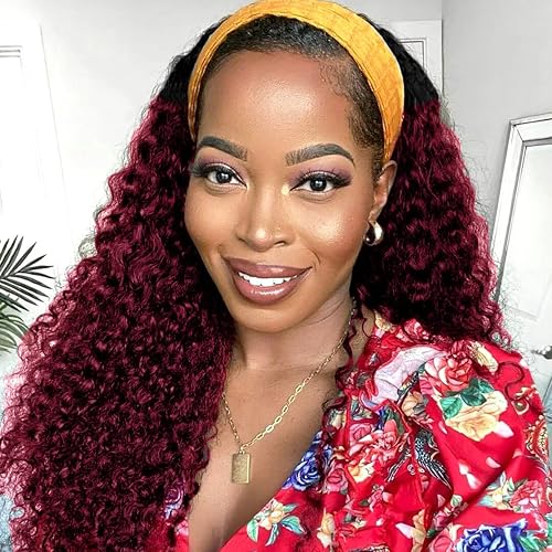 Miniatura 42 de #99J Peluca de diadema burdeos de cabello humano ondulado profundo para mujeres afroamericanas, 150% de densidad, sin encaje frontal, hecha a