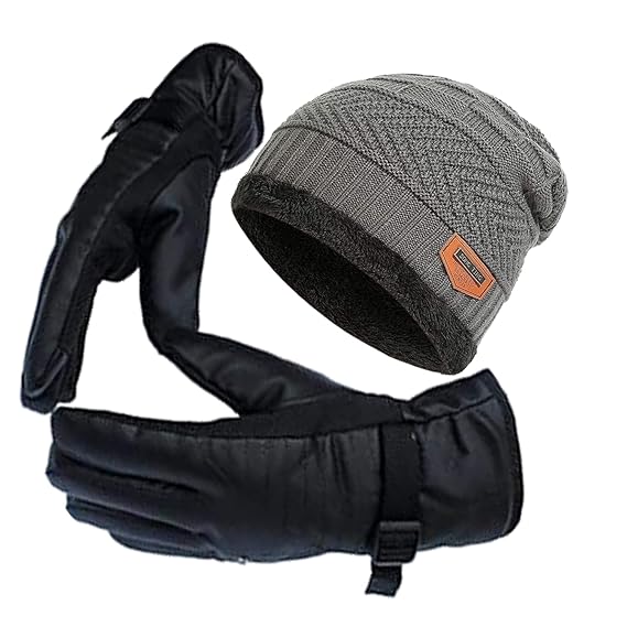 Hind Home Winter Fur Cap And Leather Warm Snow Proof Gloves for Men, Boys and Women. Cycling, Motorcycle Cap And gloves