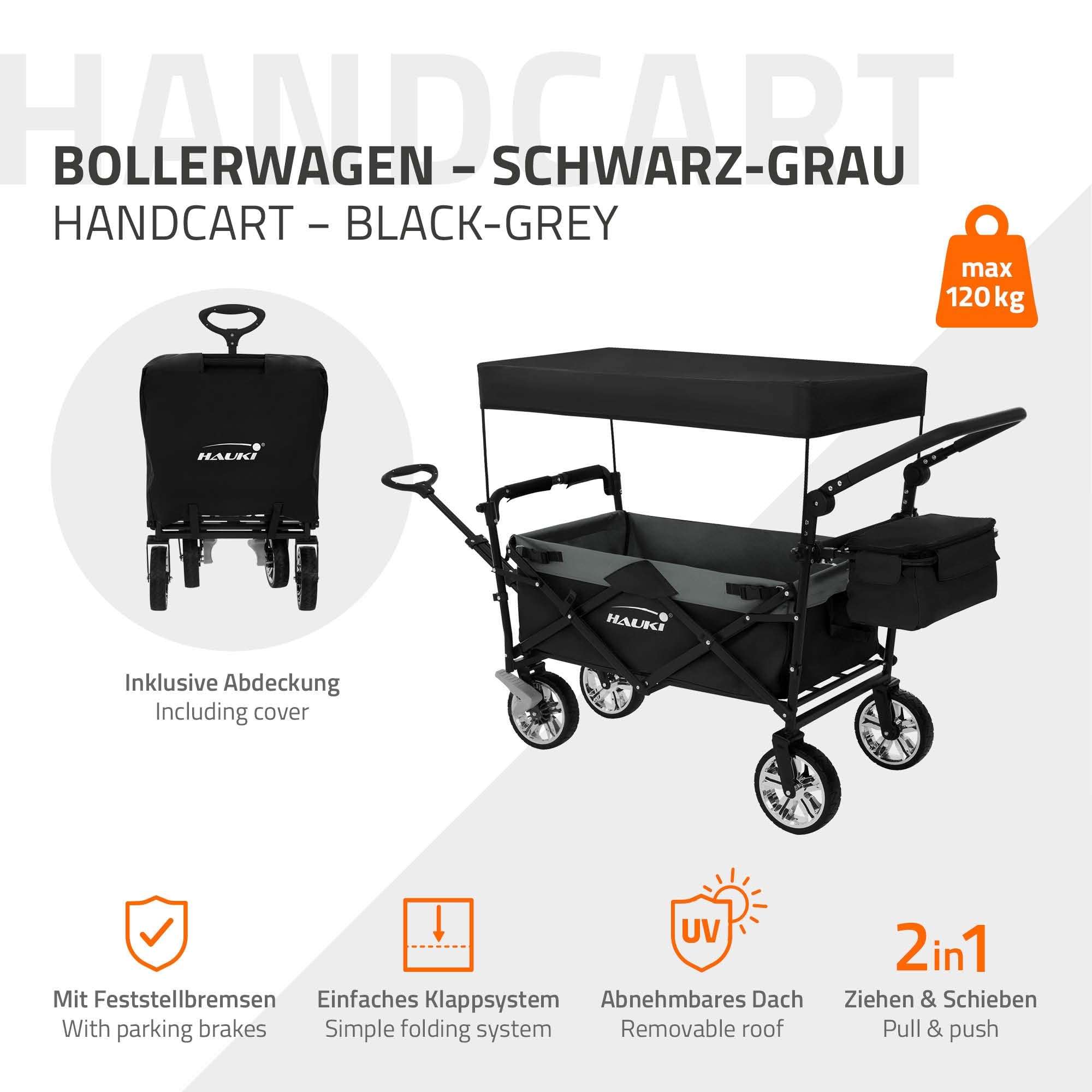 Hauki Carro de Mano Plegable con Toldo para la Playa, Negro-Gris, Transporte de hasta 120 kg para Niños o de Equipamiento Incl. 2 Bolsillos de Malla y 1 Bolsa Exterior, Remolque con Freno en Rueda