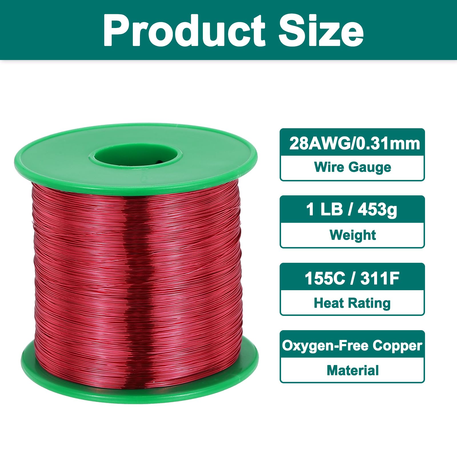 sourcing map Filo magnetico 28 AWG, filo di rame smaltato calibro 28, bobina magnetica da 0,5 kg per trasformatore, motore, elettrico, 155C (311F)