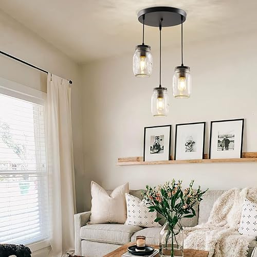 Miniatura 4 de Lámparas de tarro de masón, 3 luces de casa de campo, lámpara colgante de tarro de cristal lámpara de techo ajustable para cocina, comedor, pasillo