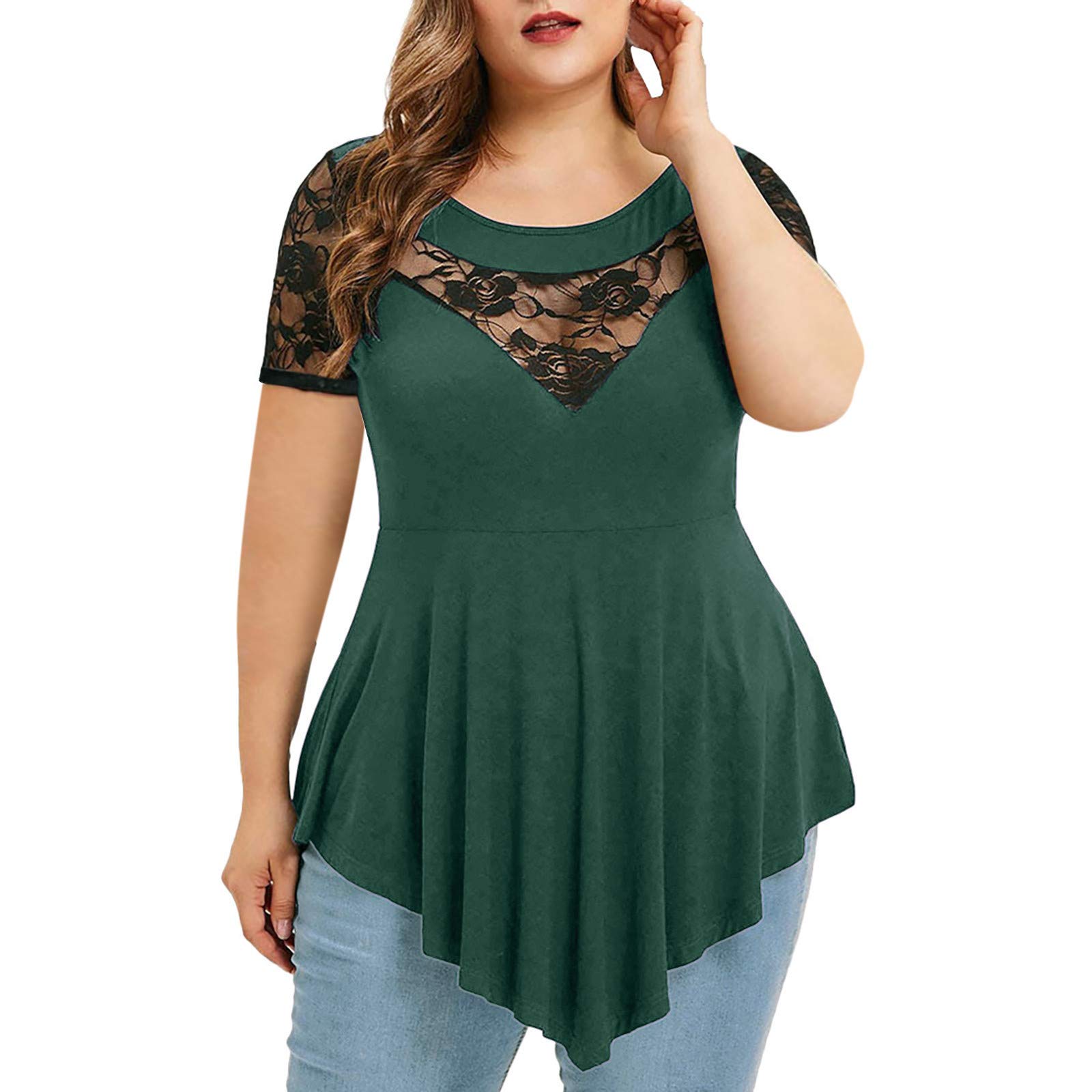 Women Blouse Party Elegant Short Sleeves Tops for Work UK Plus Size Summmer Asymmetric Lace Patchwork O-Neck Casual Perspective T-Shirt Tops Ladies Business Office Loose Top for Spring/Summer