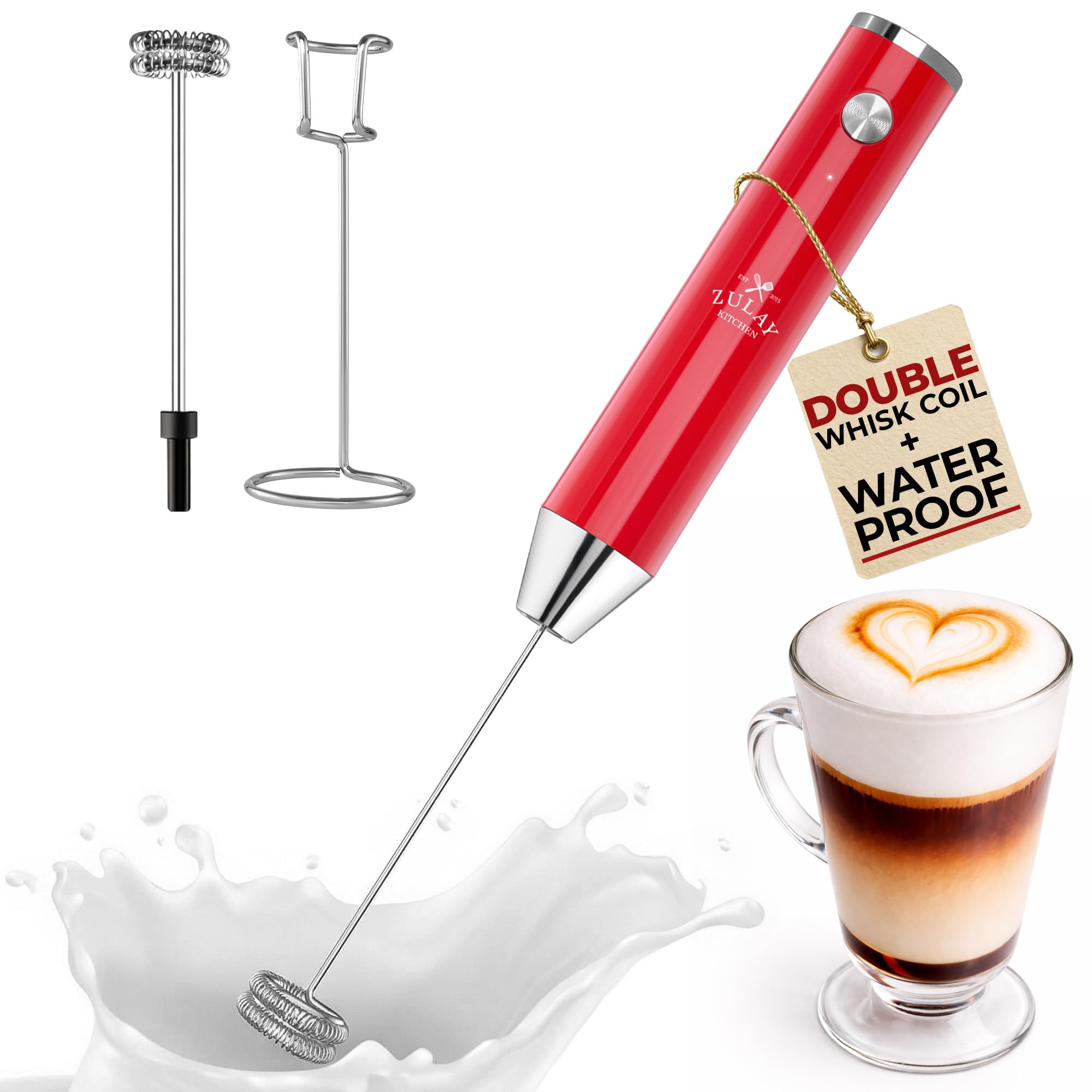 Zulay Kitchen Mousseur à lait portable rechargeable - Mousseur à boisson électrique pour cappuccinos, matcha et poudre de protéines - Double fouet Lux étanche à 2 vitesses - 2 000 mAh - Rouge