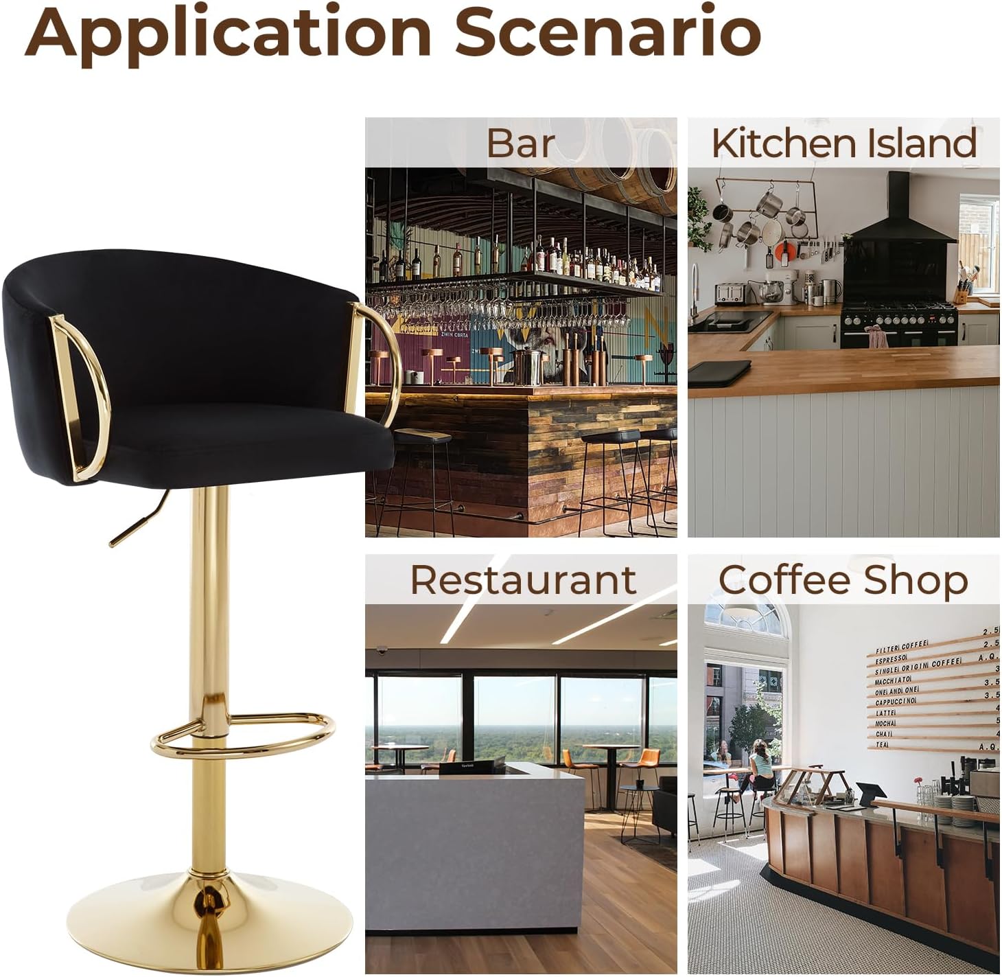 Velvet Swivel Bar Stools Set of 2, Adjustable Black and Gold Counter Stools with Arms Modern Upholstered Kitchen Island Chairs for Dining Room/Home Bar/Breakfast