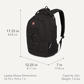 SwissGear 1186 Special Edition 13 Laptop Backpack Black Compact Tech Bag with Reflective Accents Multiple Organizer Pockets with Bungee Cords & D-ring Attachment Point