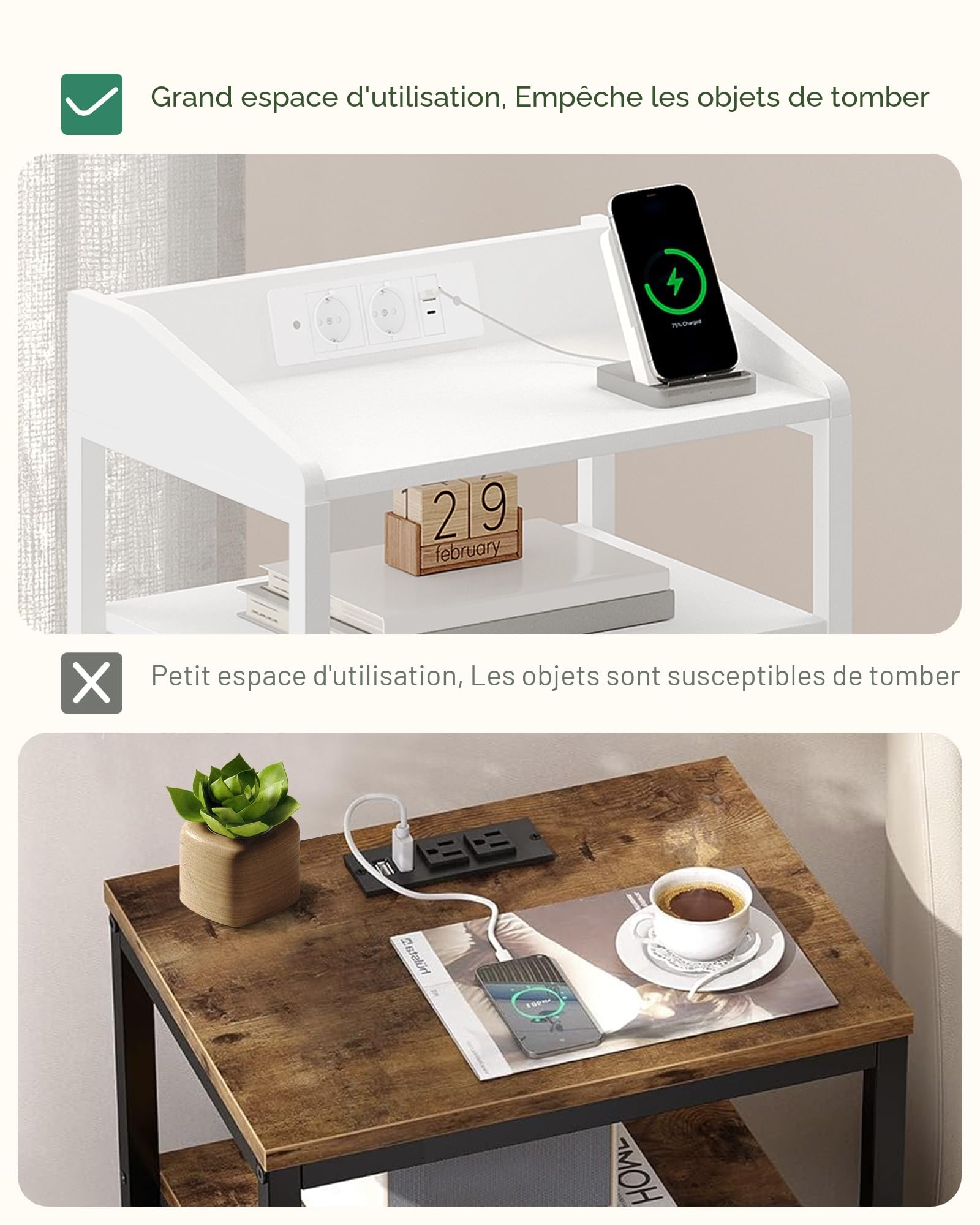 Hzuaneri Table de Chevet Lot de 2 avec Éclairage LED, Tables d’Appoint avec Multiprise, Table de Nuit avec 3 Tiroirs de Rangement en Tissu, pour Chambre, Salon, Blanc NS35513W