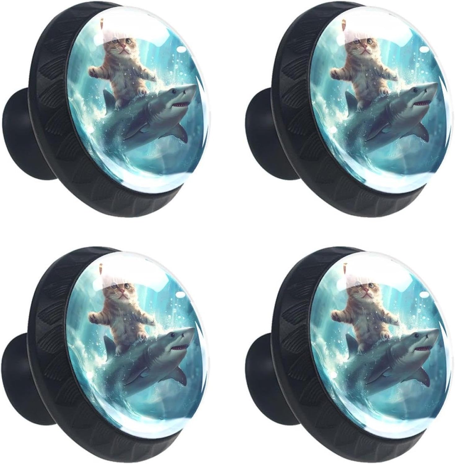 4 Pieces Drawer Knobs, Funny Cat Riding Shark Ocean Kitchen Cabinet Knobs, 35mm Dresser Knobs Drawer Pulls Black Cabinet Hardware for Dresser Drawers Closet Wardrobe Cupboard